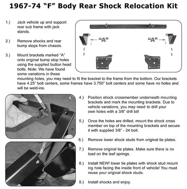 1967-69 Chevy Camaro, Pontiac Firebird Shock Relocation Kit, Rear